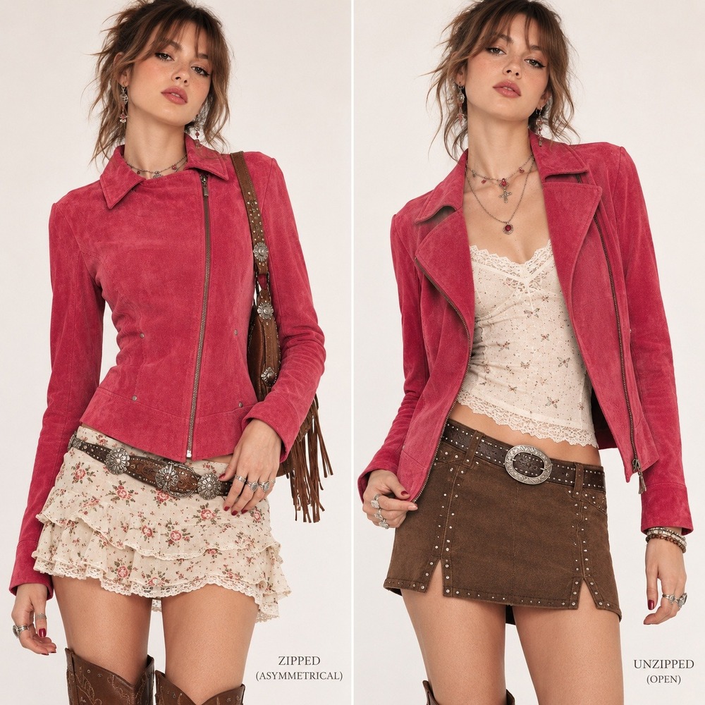 Y2K Suede Moto Jacket Women M Hot Pink Asymmetric Zip Boho Indie Biker Western